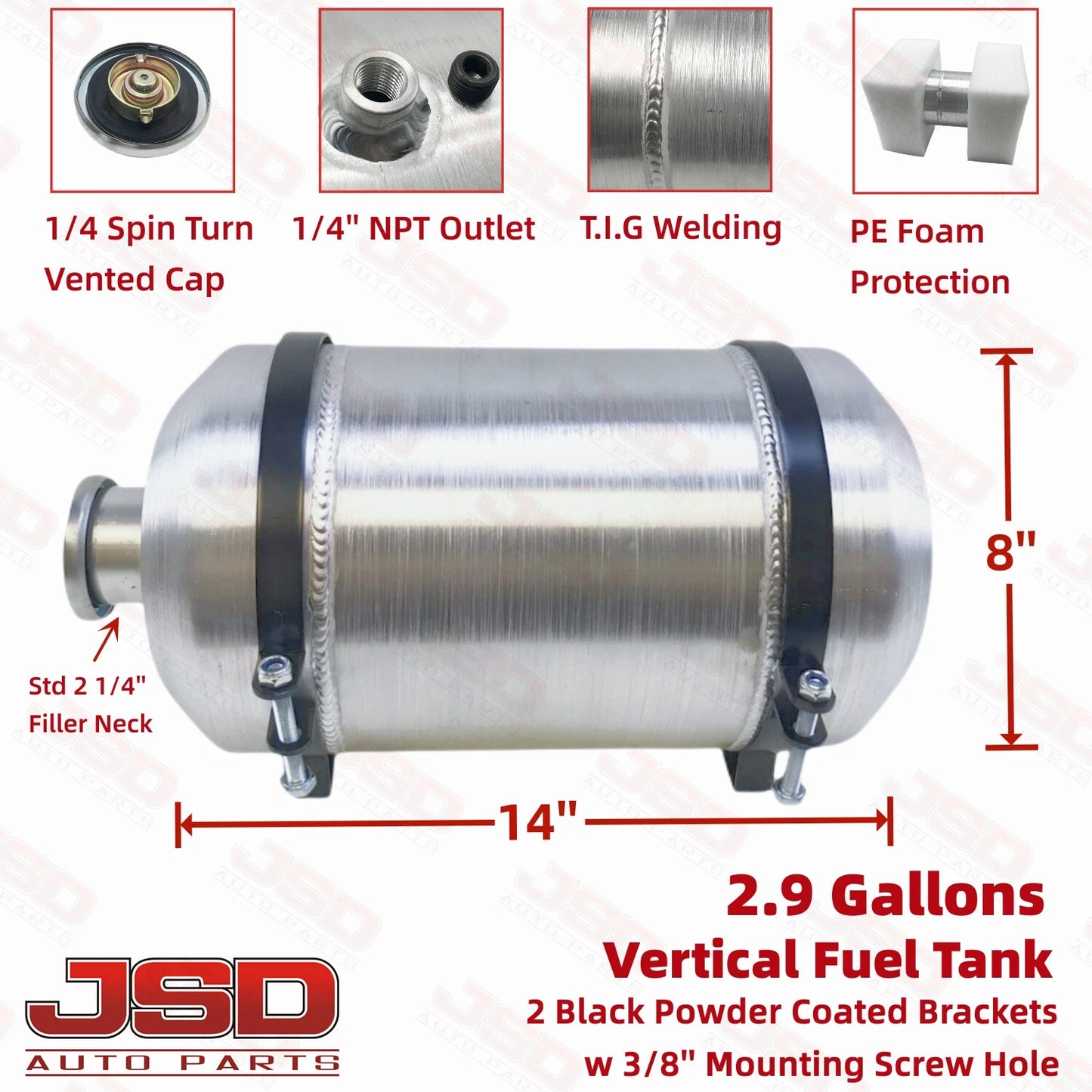 M331 JSD Aluminum Spun Fuel Tank 8x14 Vertical Fill 2.9 Gallon 1/4'' NPT