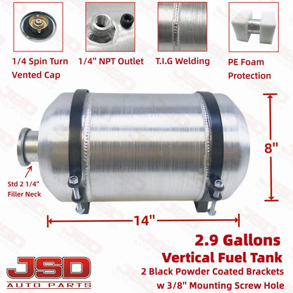 M331 JSD Aluminum Spun Fuel Tank 8x14 Vertical Fill 2.9 Gallon 1/4'' NPT