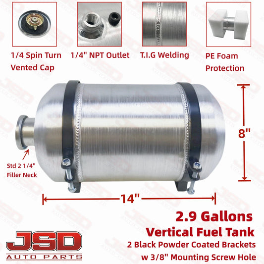 M331 JSD Aluminum Spun Fuel Tank 8x14 Vertical Fill 2.9 Gallon 1/4'' NPT