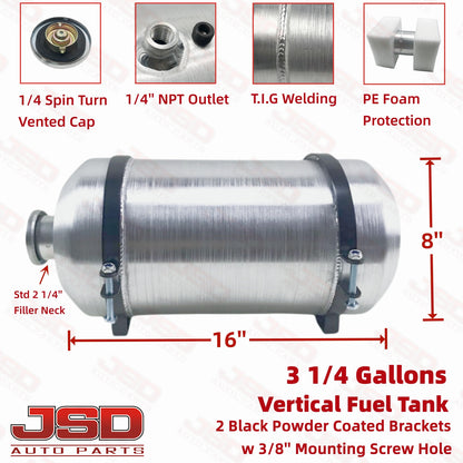 M332 JSD Aluminum Spun Fuel Tank 8x16 Vertical Fill 3.25 Gallon 1/4'' NPT