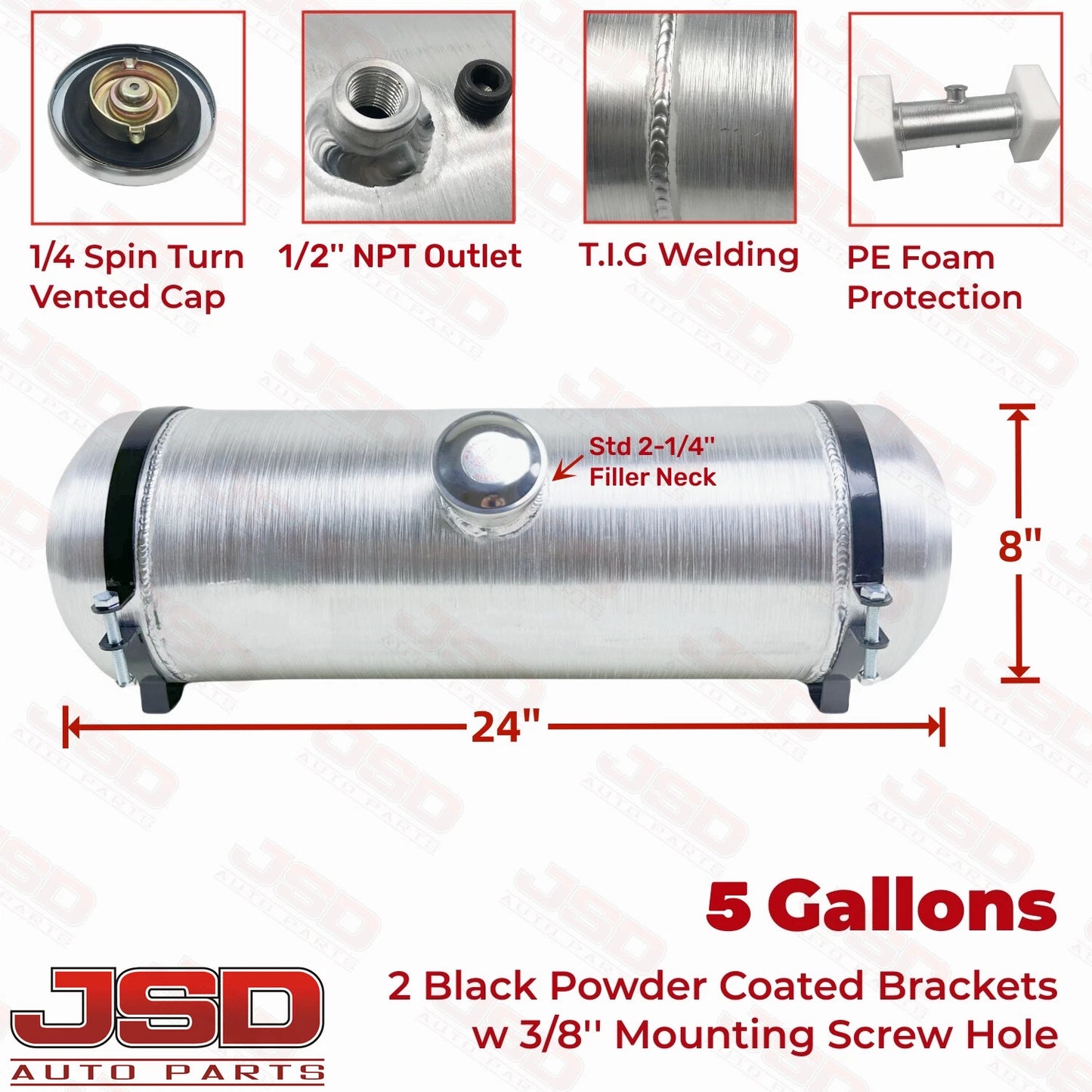 M333 JSD Aluminum Spun Fuel Tank 8x24 Center Fill 5 Gallon 1/2'' NPT