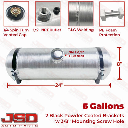 M333 JSD Aluminum Spun Fuel Tank 8x24 Center Fill 5 Gallon 1/2'' NPT