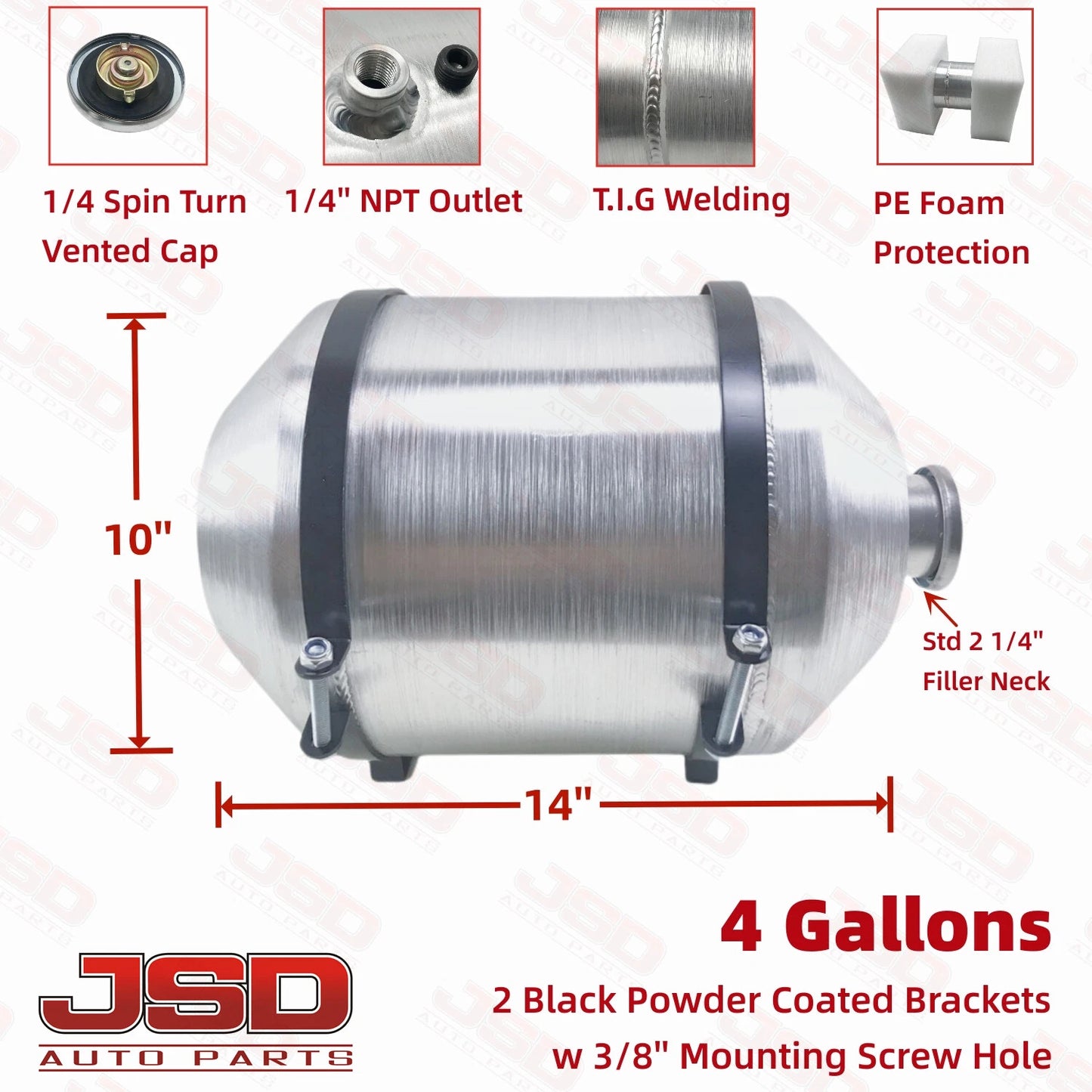 M335 JSD Aluminum Spun Fuel Tank 10x14 Vertical Fill 4 Gallon 1/4'' NPT Vertical