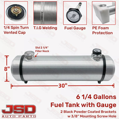 M188G JSD Aluminum Spun Fuel Tank 8x30 End Fill 6.25 Gallon 1/4'' NPT
