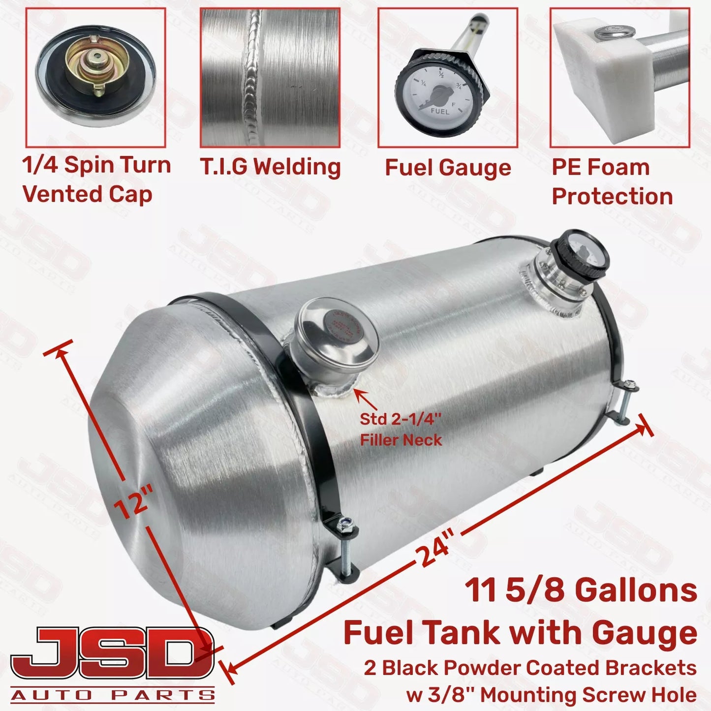 M302G JSD Aluminum Spun Fuel Tank 12x24 End Fill 11.63 Gallon 1/4'' NPT
