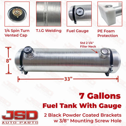 M033G JSD Aluminum Spun Fuel Tank 8x33 End Fill 7. Gallon 1/4'' NPT
