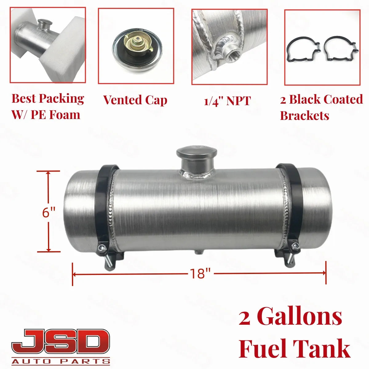 M322 JSD Aluminum Spun Fuel Tank 6x18 center Fill 2. Gallon 1/4'' NPT