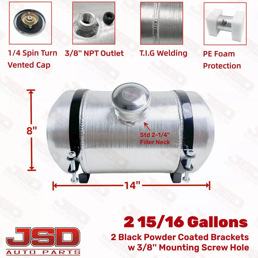 M330 JSD Aluminum Spun Fuel Tank 8x14 center Fill 2.9 Gallon 3/8'' NPT