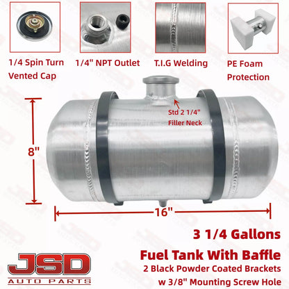 M208 JSD Aluminum Spun Fuel Tank 8x16 center Fill 3.25 Gallon 1/4'' NPT
