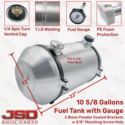 M301G JSD Aluminum Spun Fuel Tank 10x22 End Fill 10.63 Gallon 1/4'' NPT
