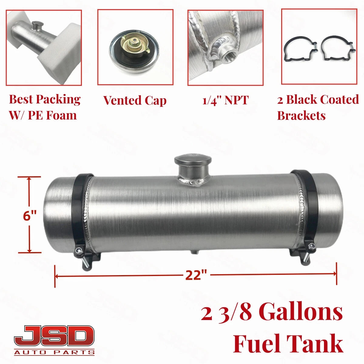 M325 JSD Aluminum Spun Fuel Tank 6x22 Center Fill 2.38 Gallon 1/4'' NPT