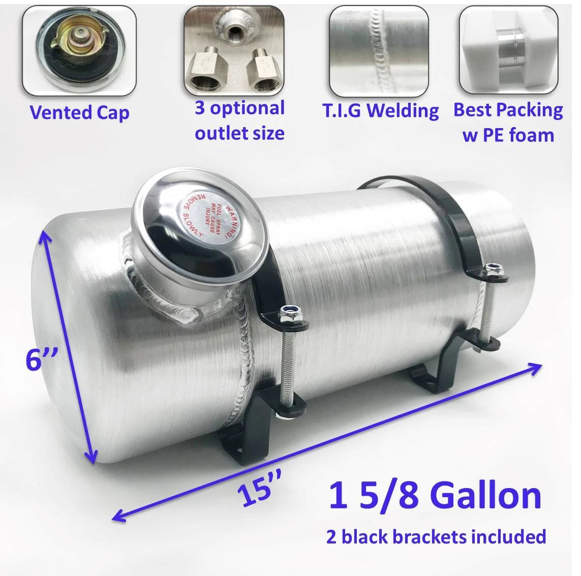 M288 JSD Aluminum Spun Fuel Tank 6x15 End Fill 1.63 Gallon 1/4'' NPT
