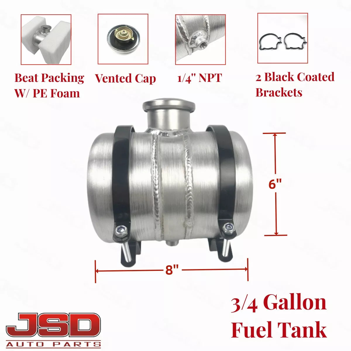 M318 JSD Aluminum Spun Fuel Tank 6x8 center Fill 0.75 Gallon 1/4'' NPT