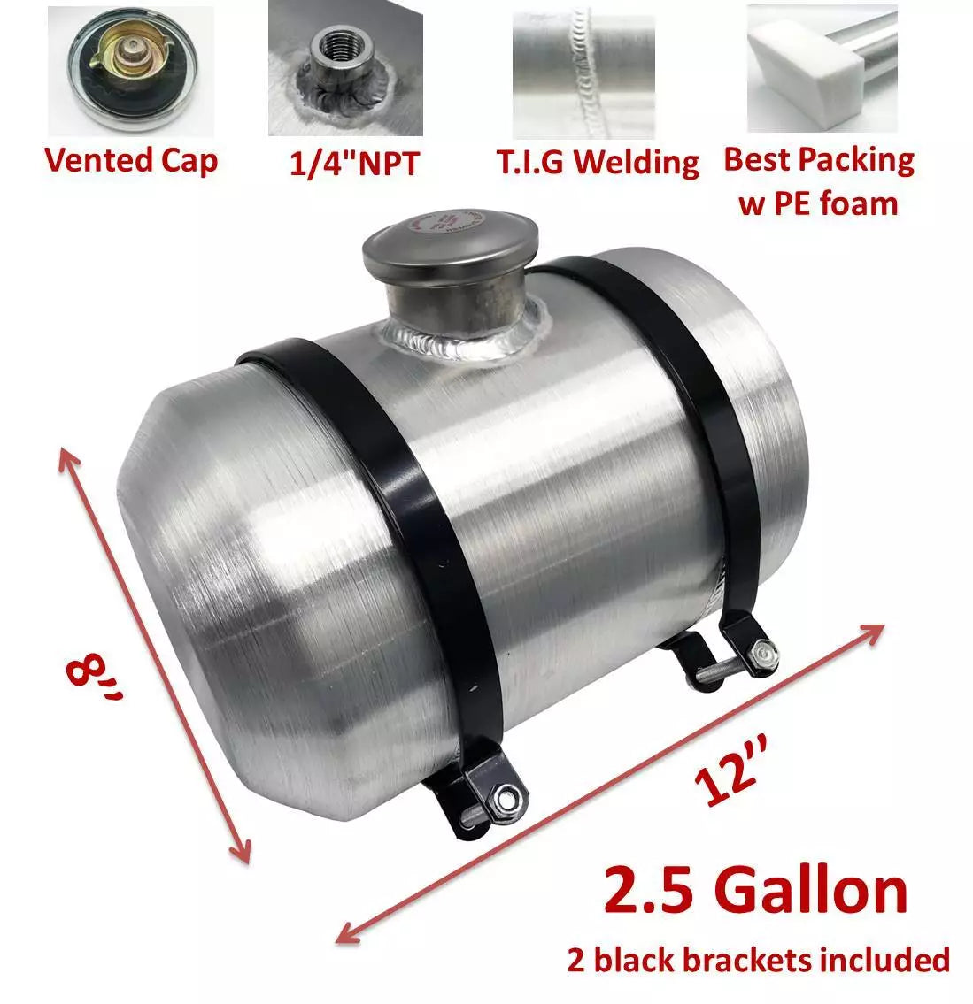 M176 JSD Aluminum Spun Fuel Tank 8x12 center Fill 2.5 Gallon 1/4'' NPT