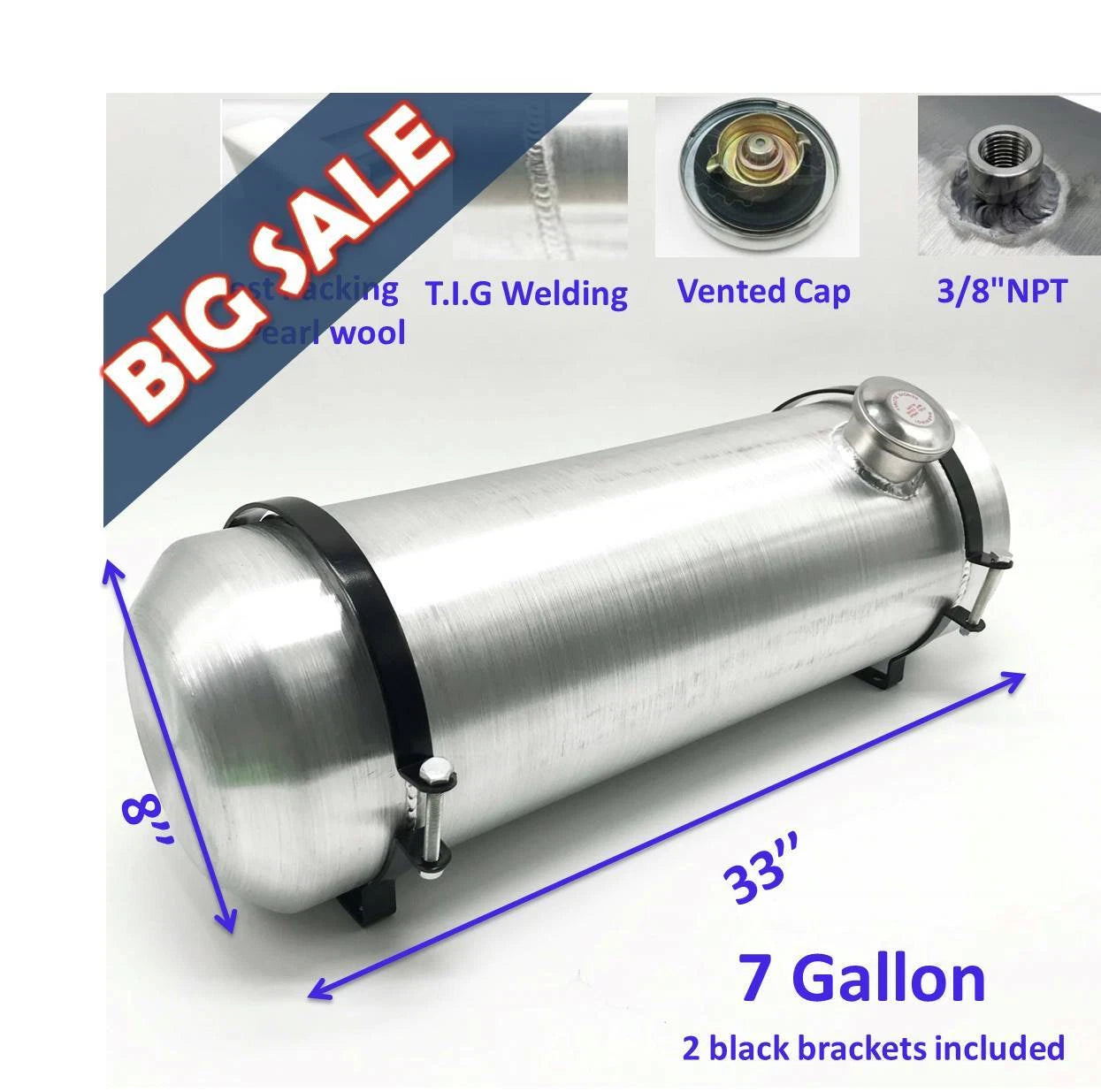 M236 JSD Aluminum Spun Fuel Tank 8x33 End Fill 7 Gallon 3/8'' NPT Standard